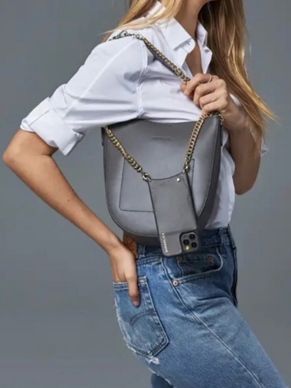 BANDOLIER ✘ Emma Crossbody Bag Gray Taupe Gold Chain Strap Leather Purse $198